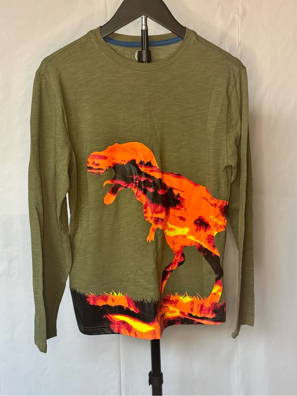 Olive Green Long Sleeve Tee with Neon Orange T-Rex Graphic